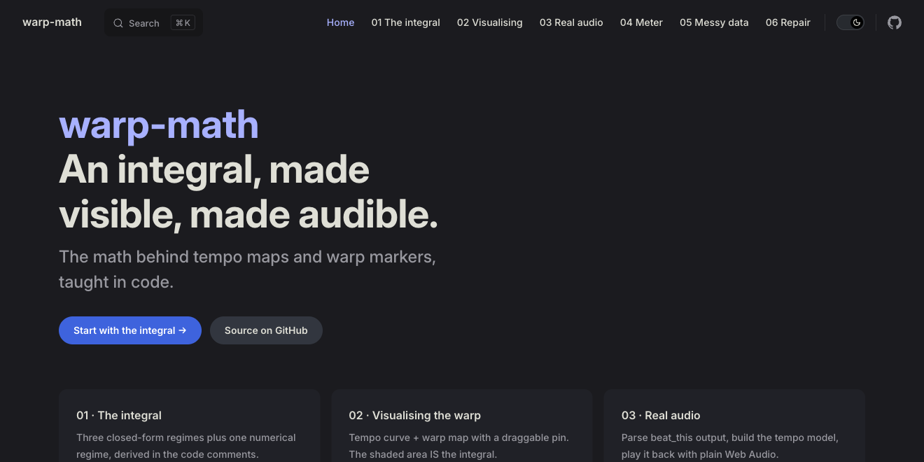 warp-math landing page — an integral, made visible, made audible